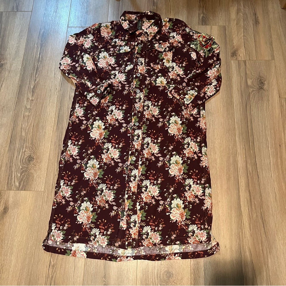 Aratta Dress Maroon Floral Rose Button Up Shirt Dress MIDI Long Sleeve